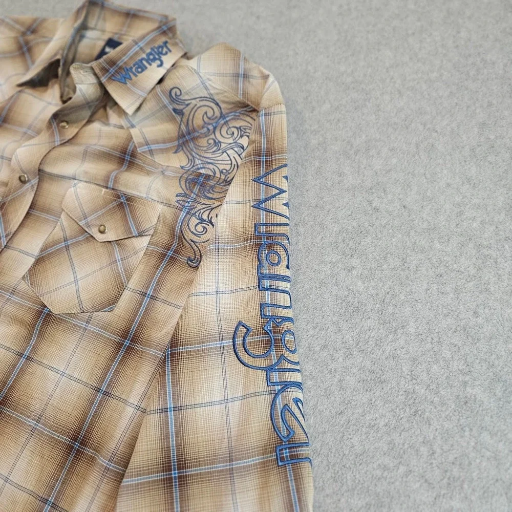 Wrangler Mens Plaid Western Pearl Snap Shirt Embroidered Rodeo Tan Blue L